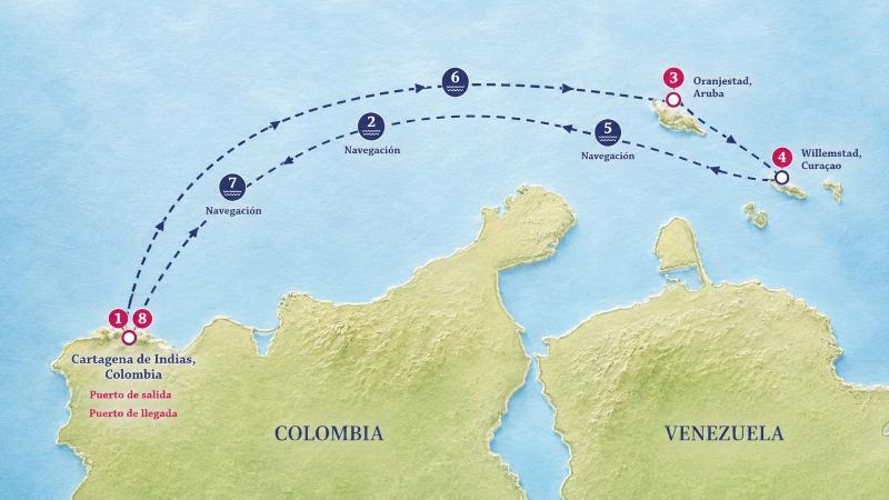 Mapa del itinerario de Grandeur of the Seas desde Cartagena por el Caribe Sur