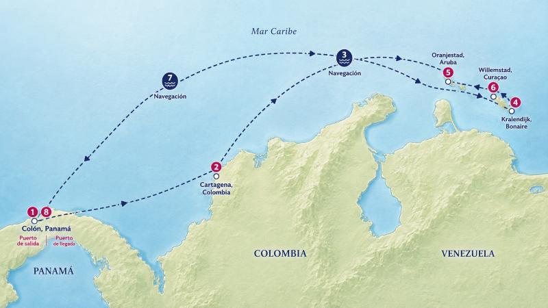 Mapa del itinerario de Grandeur of the Seas desde Colón por el Caribe Sur