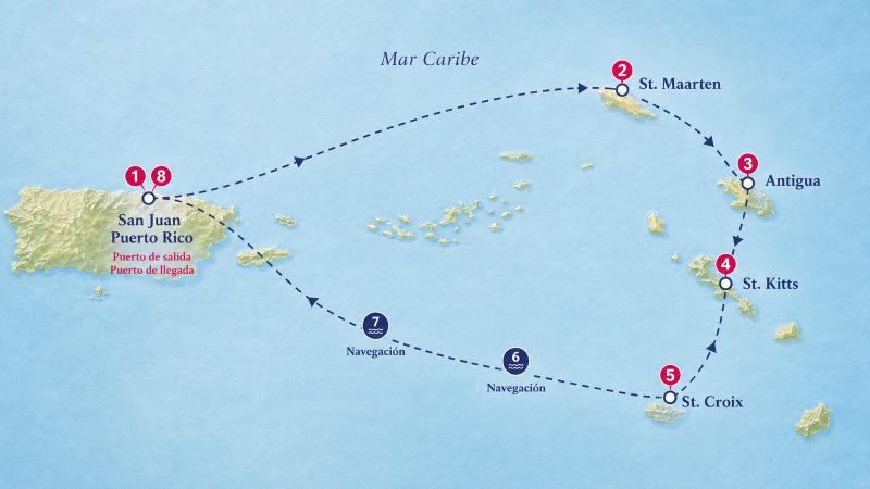 Mapa del itinerario de Grandeur of the Seas desde San Juan por el Caribe Sur